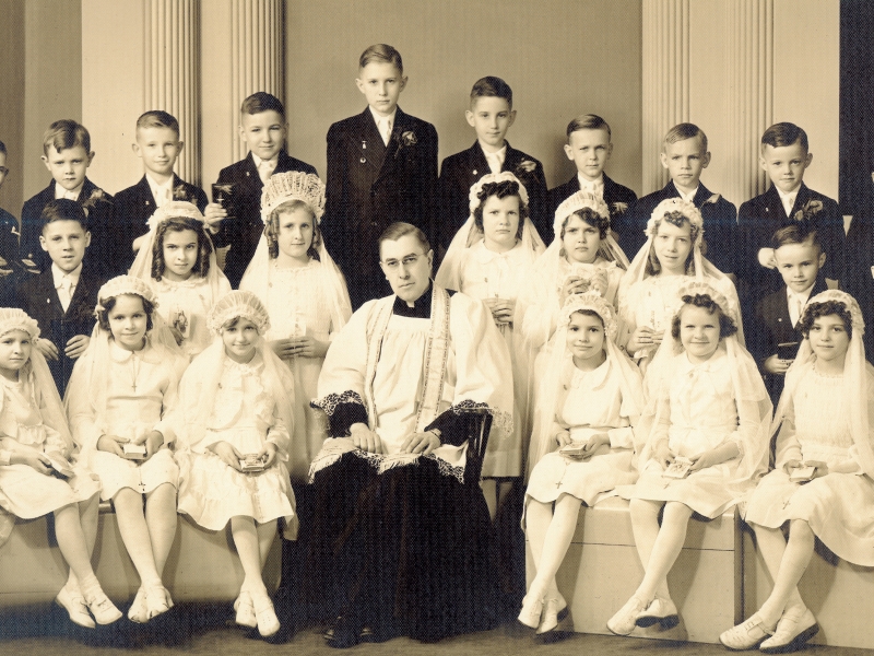Carl Mengeling’s First Communion, St. Mary Parish in Sniff et, Ind. (Bishop is second row, right)